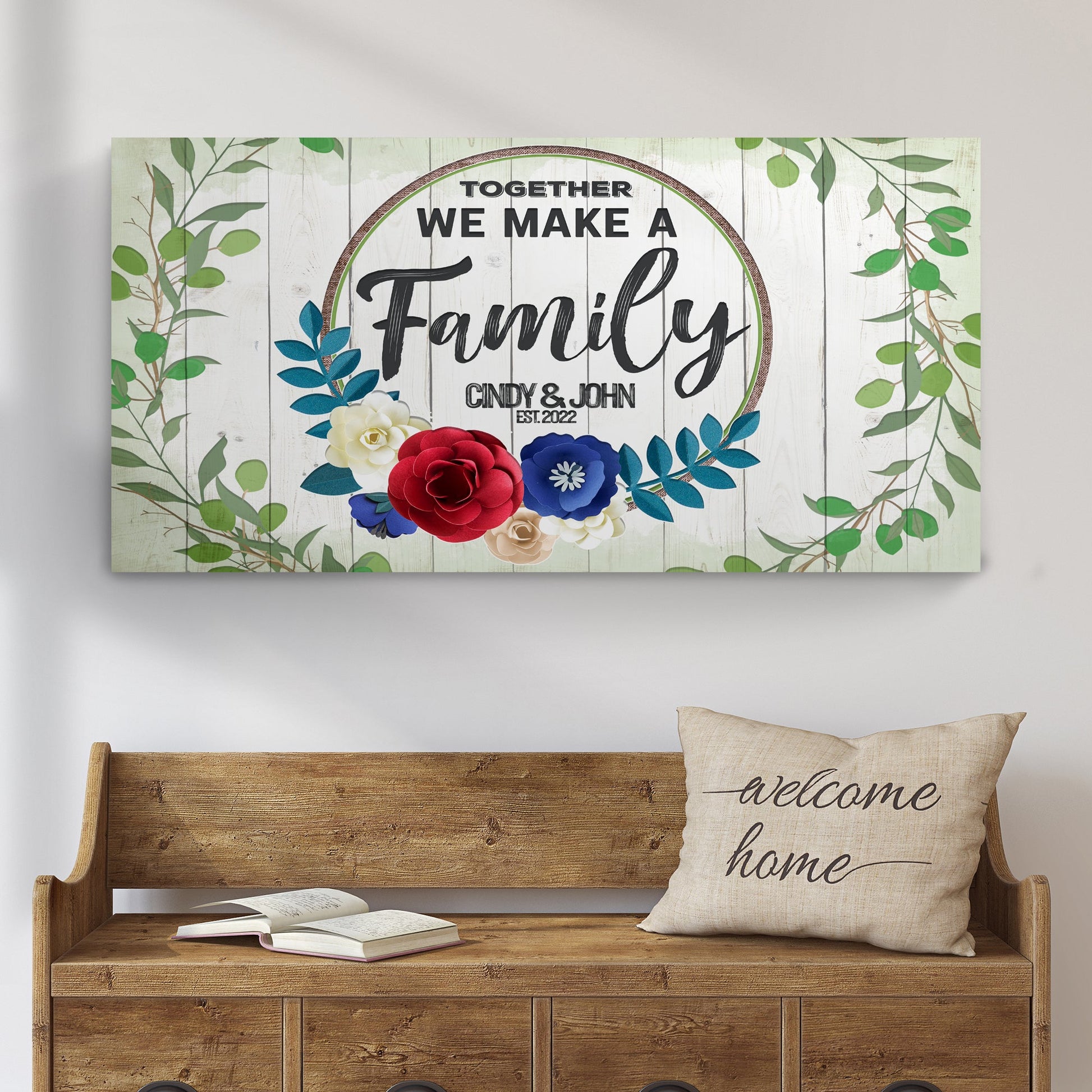Canvas sign Together We Make A Family by Tailored Canvases with wreath on whitewashed wood on Tampa Home & Garden Store