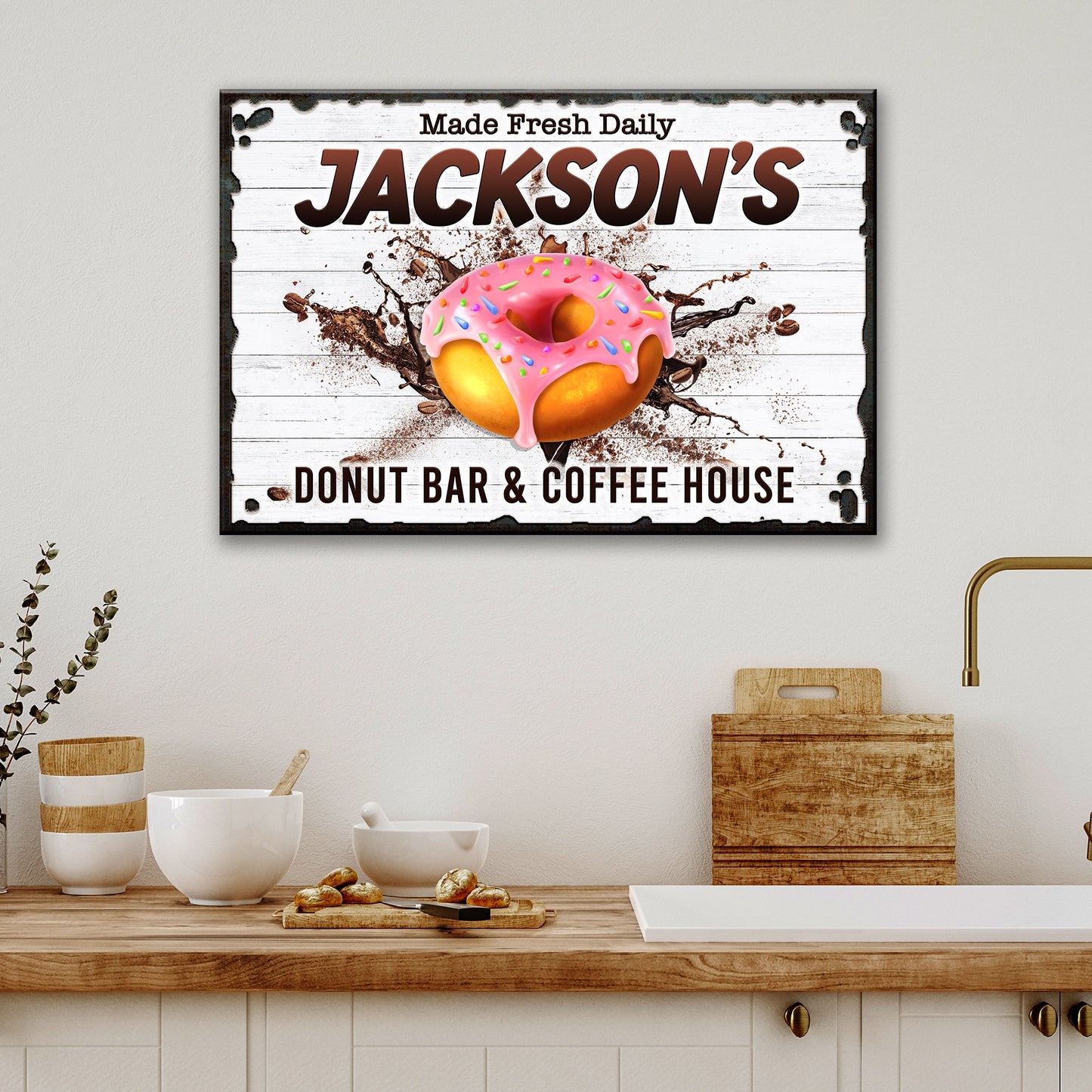 Canvas sign Donut Bar And Coffee House Made Fresh Daily with pink donut graphic on Tampa Home & Garden Store