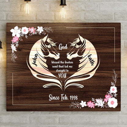 Horse Couple Sign II canvas with wood grain backdrop and two horse heads forming a heart on Tampa Home & Garden Store