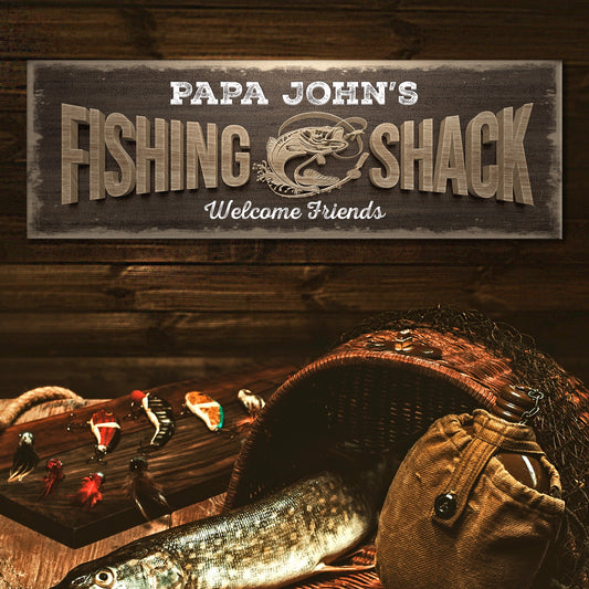 Fishing Shack Sign II canvas with 3D FISHING SHACK lettering and Welcome Friends on table on Tampa Home & Garden Store