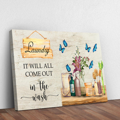 Laundry sign canvas with distressed wood background, bouquet and blue butterflies on Tampa Home & Garden Store
