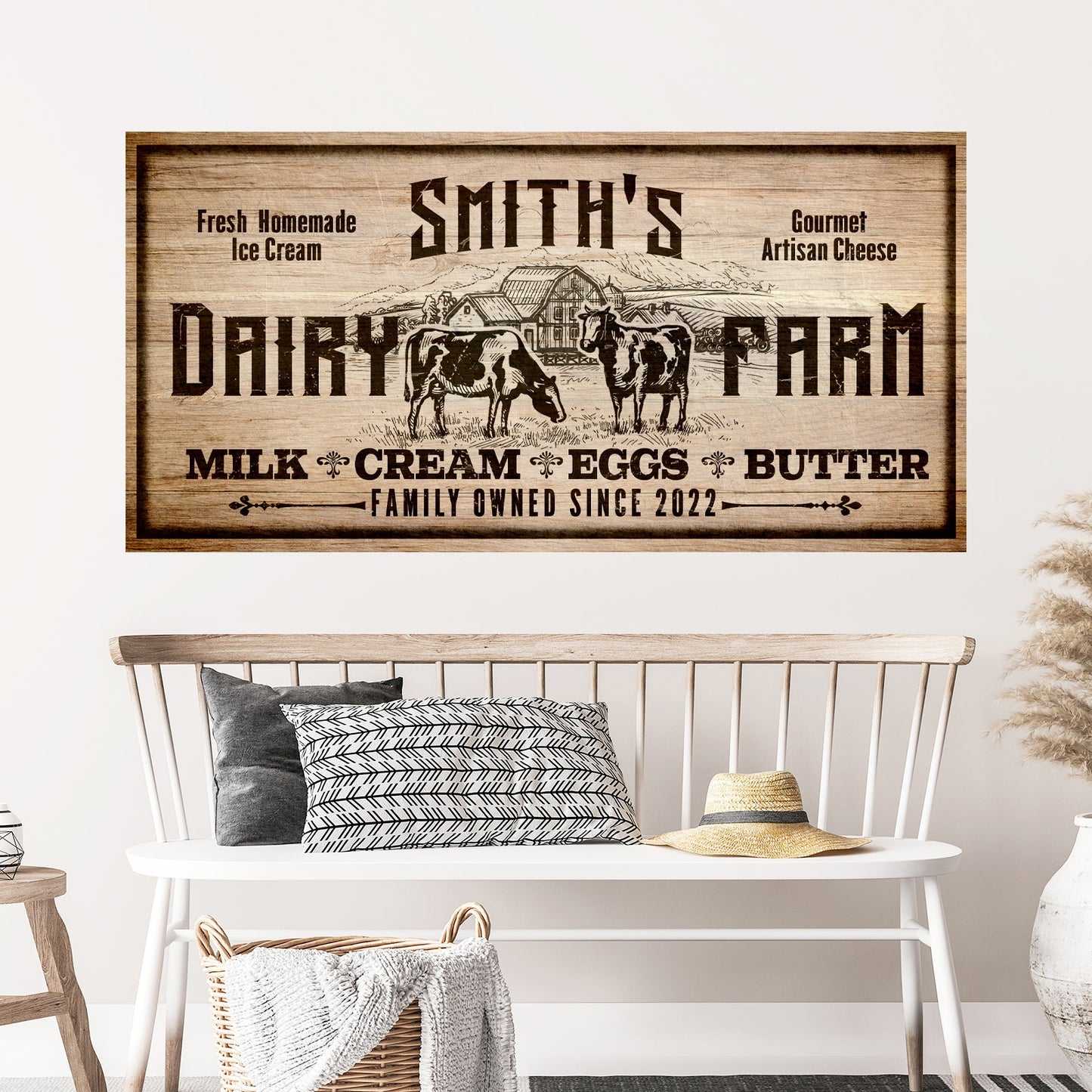 Dairy Farm Sign II canvas with rustic woodgrain, cow and barn scene, Tailored Canvases on Tampa Home & Garden Store