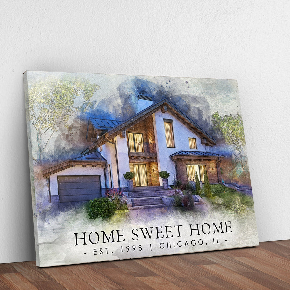 Home Sweet Home watercolor canvas print of a modern two-story house with blue accents on Tampa Home & Garden Store