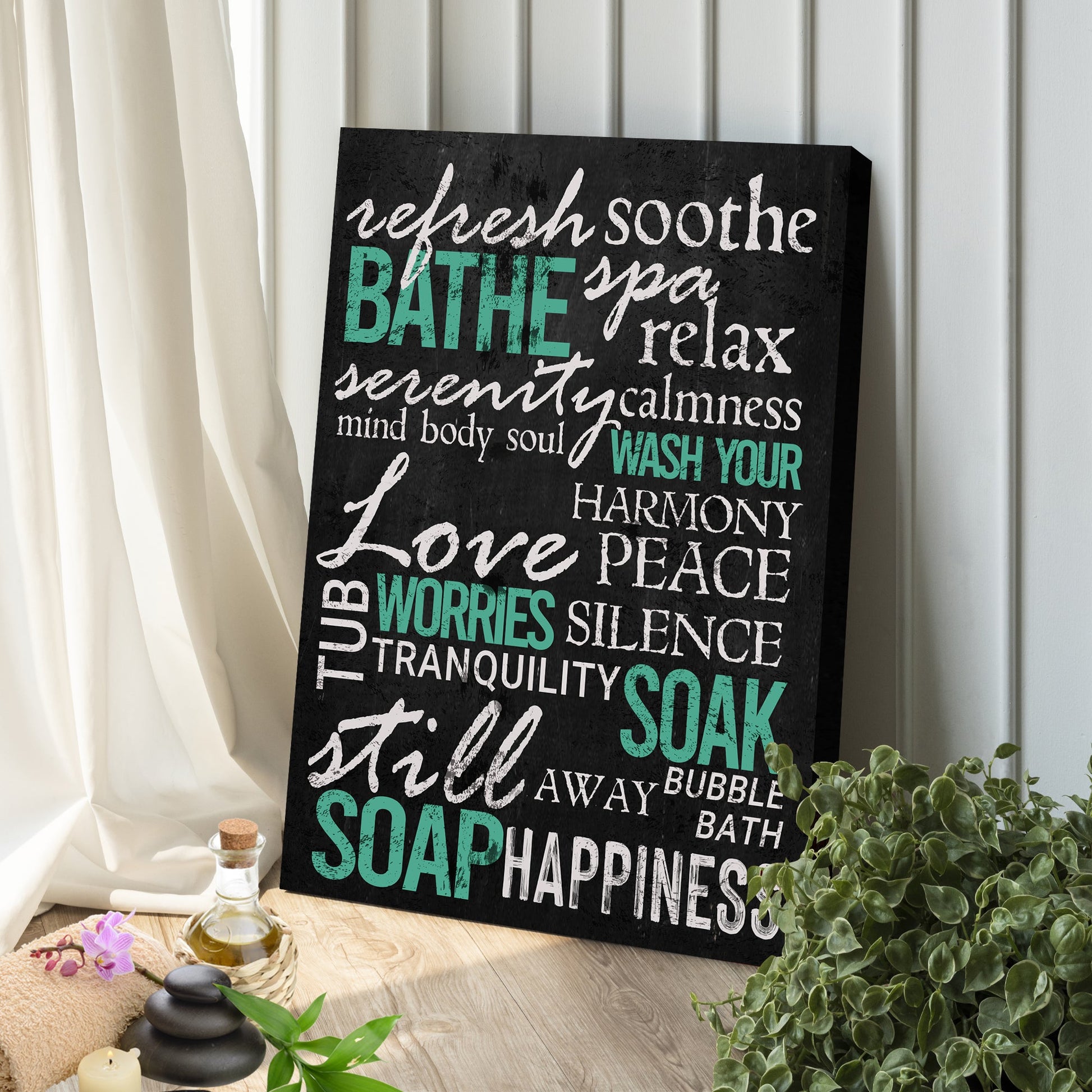 Refresh Soothe Bathe canvas sign, black textured background with teal typography on Tampa Home & Garden Store
