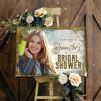 Canvas sign Welcome To The Bridal Shower by Tailored Canvases with rustic wood backdrop on Tampa Home & Garden Store