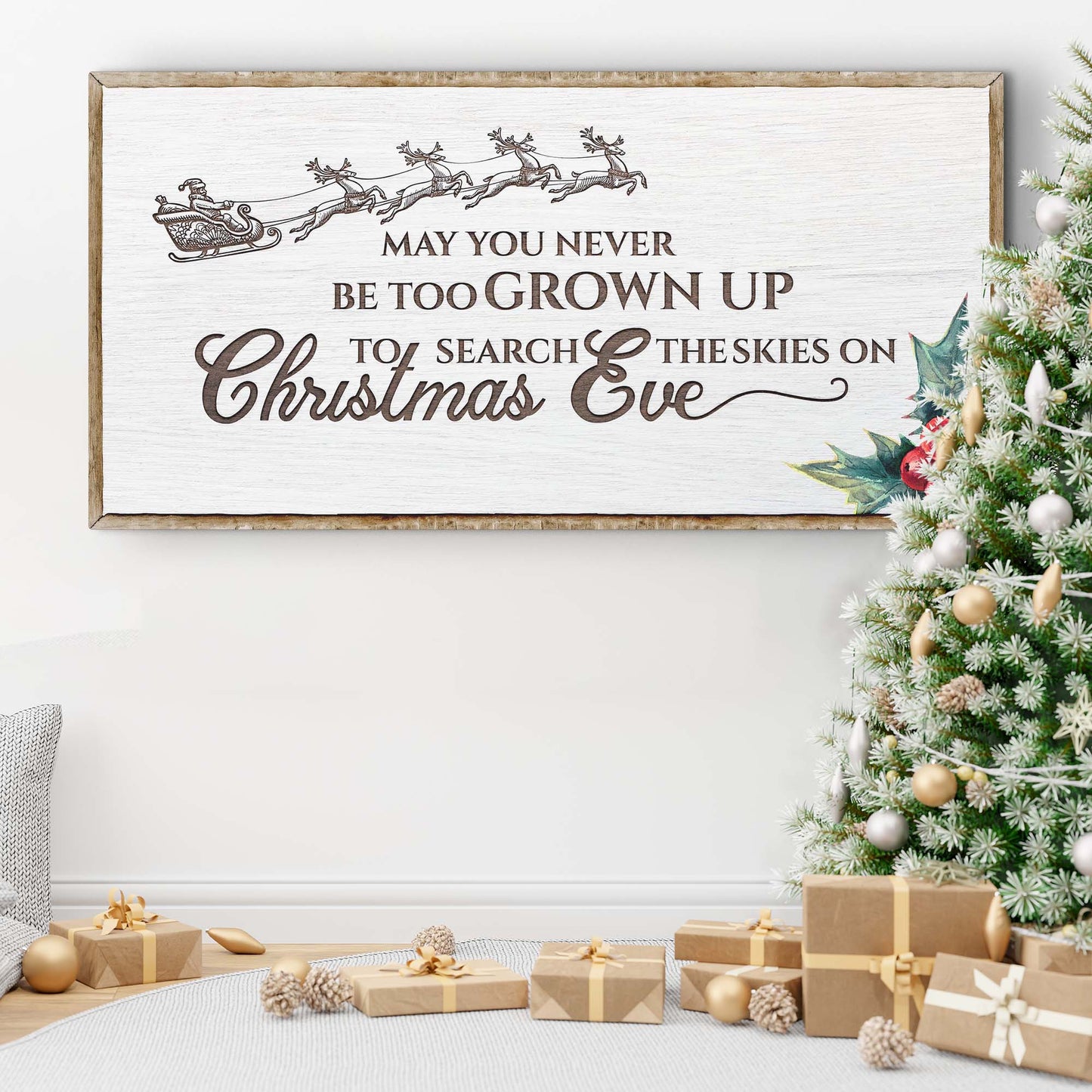 Christmas Eve Farmhouse Sign canvas by Tailored Canvases with Santa sleigh and reindeer on wood on Tampa Home & Garden Store