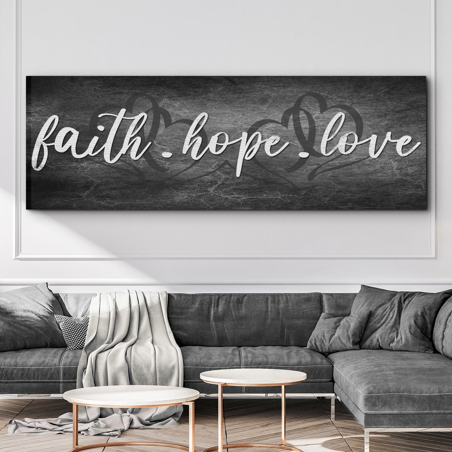 Canvas Faith Hope Love sign with white script on dark textured background Tailored Canvases on Tampa Home & Garden Store