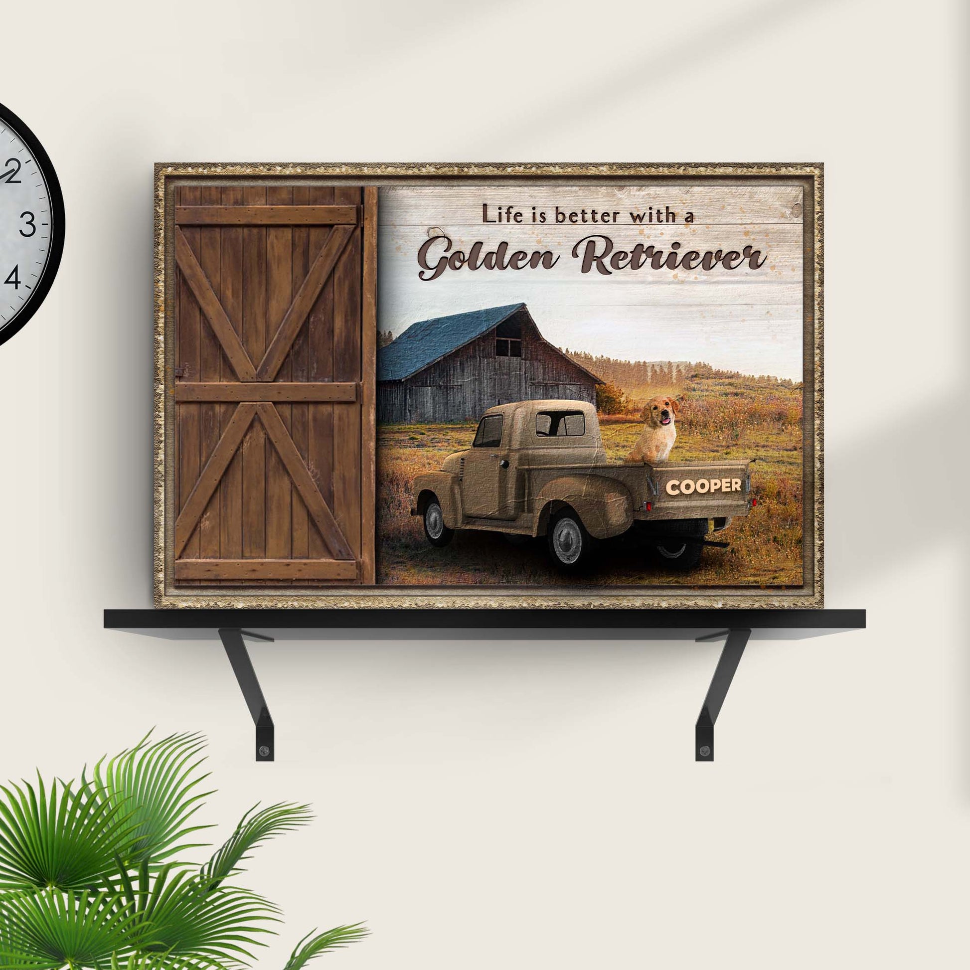 Canvas print Life Is Better With A Golden Retriever Sign II with truck and retriever on Tampa Home & Garden Store