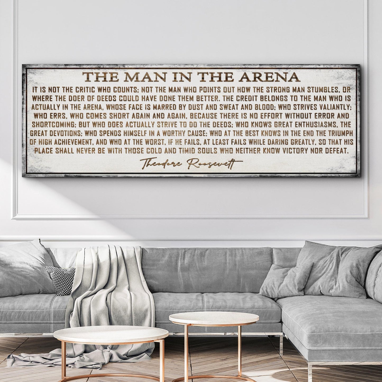 The Man In The Arena Sign VI canvas by Tailored Canvases; framed typography art above sofa on Tampa Home & Garden Store