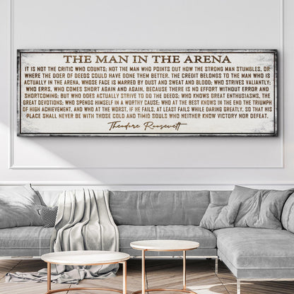 The Man In The Arena Sign VI canvas by Tailored Canvases; framed typography art above sofa on Tampa Home & Garden Store