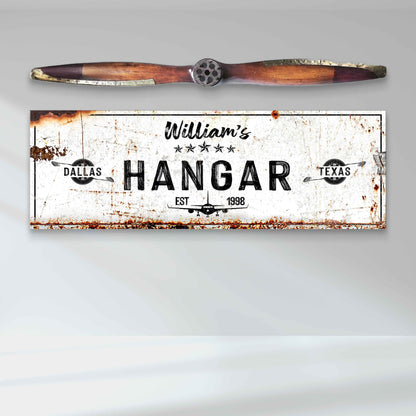 Hangar Sign II canvas with vintage wooden propeller and brass trim Tailored Canvases on Tampa Home & Garden Store