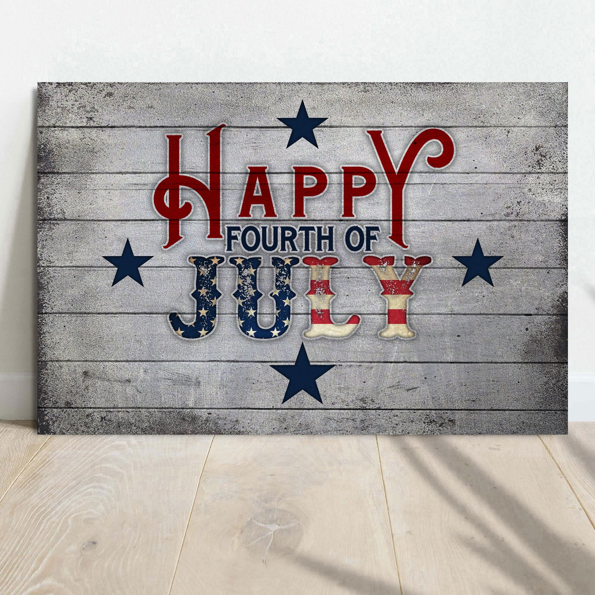 Happy Fourth Of July sign canvas by Tailored Canvases; patriotic red white blue on wood backdrop on Tampa Home & Garden Store