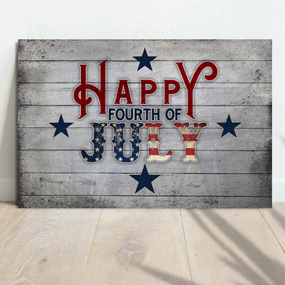 Happy Fourth Of July sign canvas by Tailored Canvases; patriotic red white blue on wood backdrop on Tampa Home & Garden Store