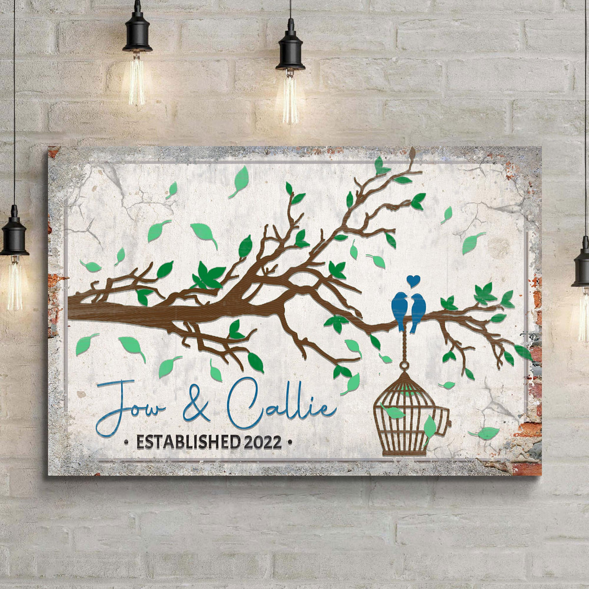 Love Birds Couple Sign canvas by Tailored Canvases with brown branches, green leaves, blue birds on Tampa Home & Garden Store