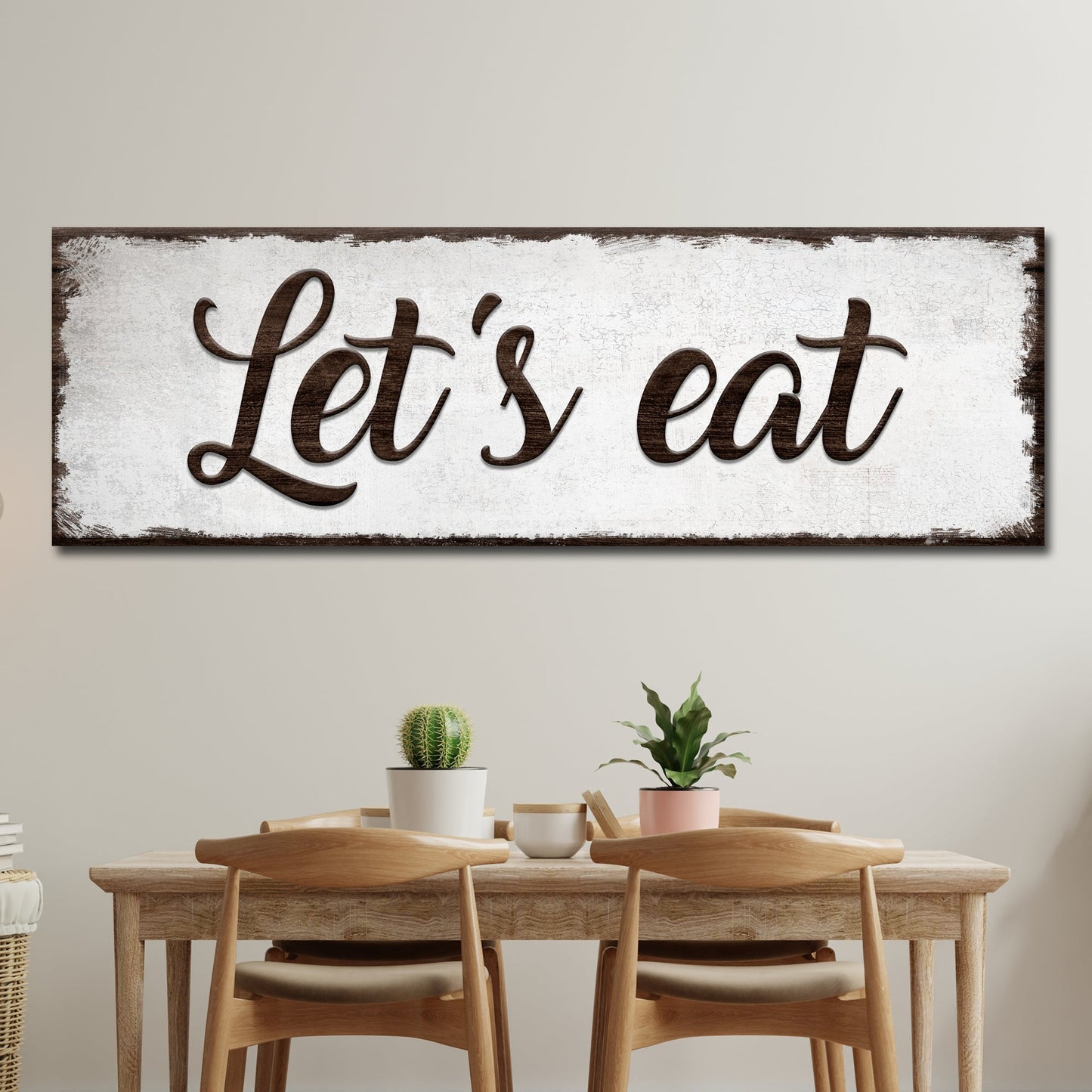 Let's Eat Sign canvas wall art Tailored Canvases with white distressed panel and wood frame on Tampa Home & Garden Store