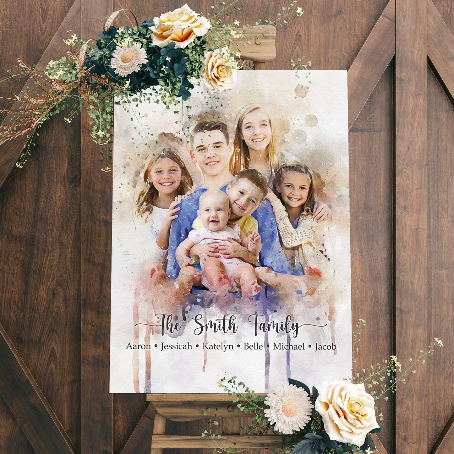 Watercolor Family Portrait Sign canvas by Tailored Canvases with floral bouquet accents on Tampa Home & Garden Store
