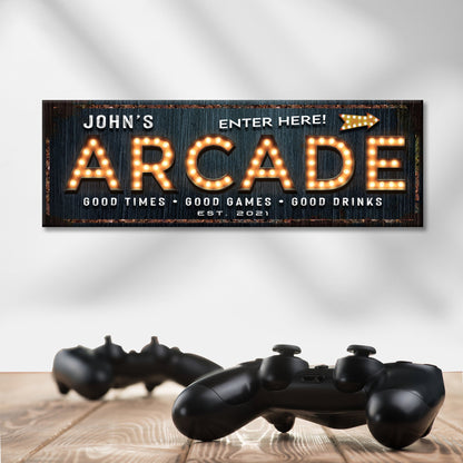 Arcade Enter Here Sign canvas with rustic blue wood panel and illuminated ARCADE marquee letters on Tampa Home & Garden Store