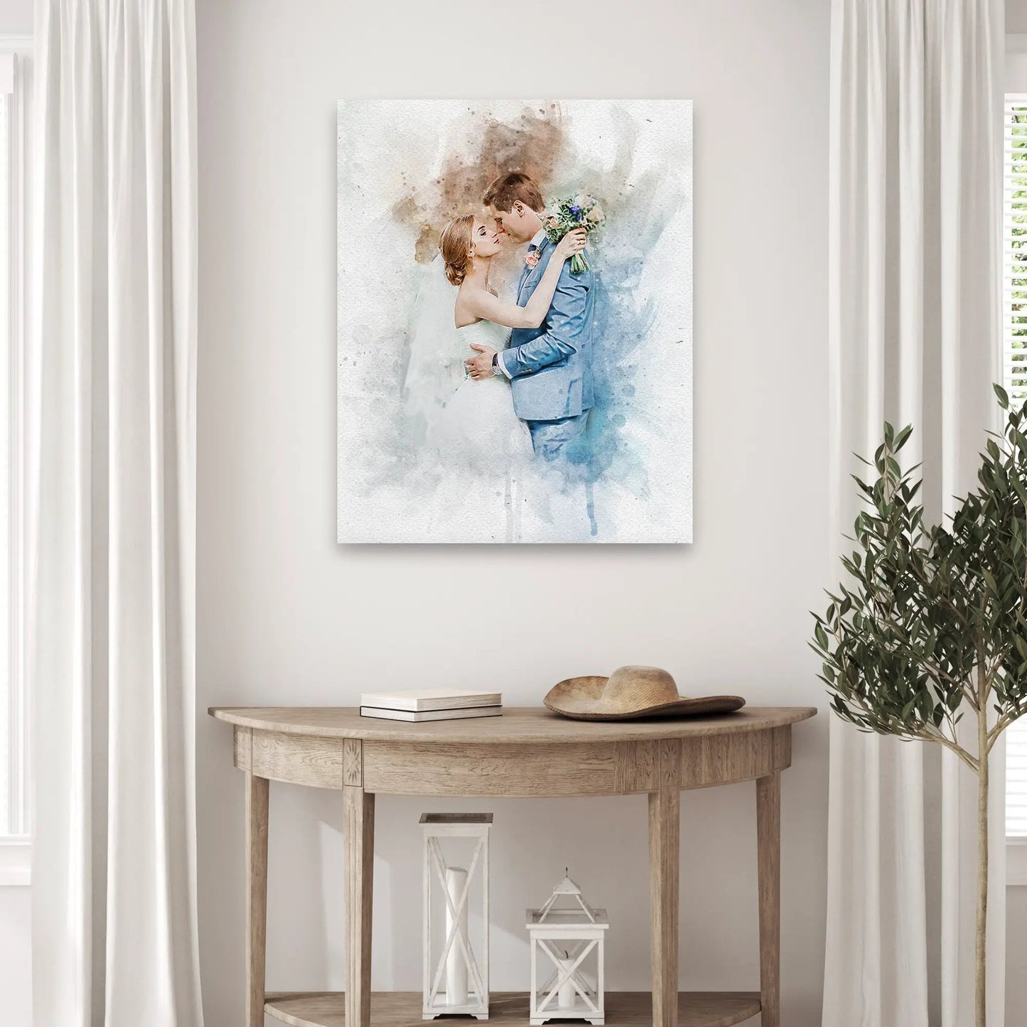 Wedding Watercolor Portrait Sign canvas featuring a couple embracing with splash backdrop on Tampa Home & Garden Store