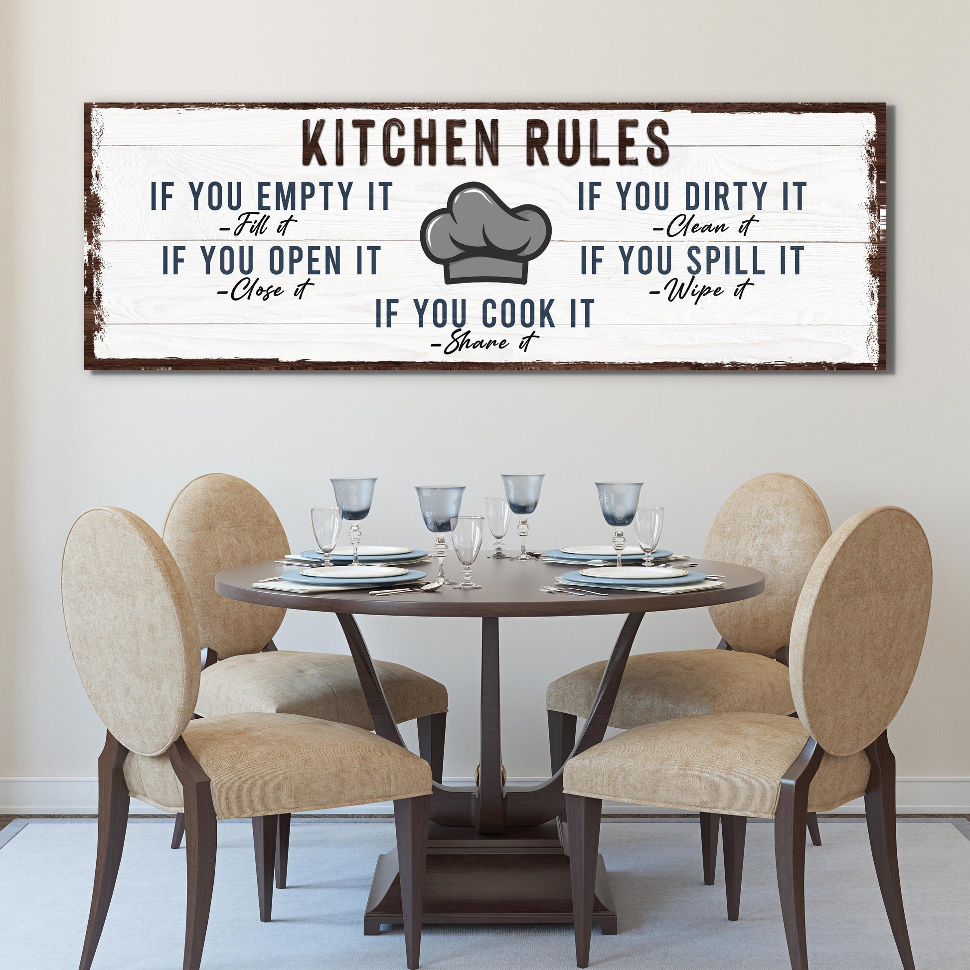 If You Cook It, Share It Kitchen Rules Sign canvas with whitewashed wood backdrop and chef hat icon on Tampa Home & Garden Store