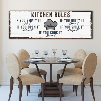 If You Cook It, Share It Kitchen Rules Sign canvas with whitewashed wood backdrop and chef hat icon on Tampa Home & Garden Store