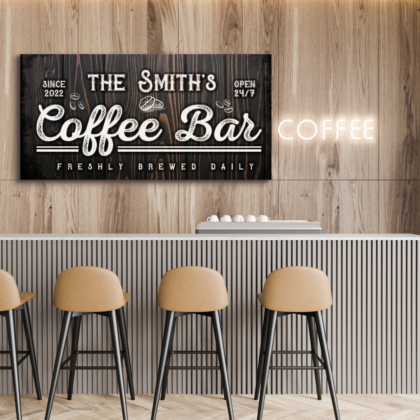 Family Coffee Bar Sign canvas by Tailored Canvases with chalkboard lettering on dark wood on Tampa Home & Garden Store