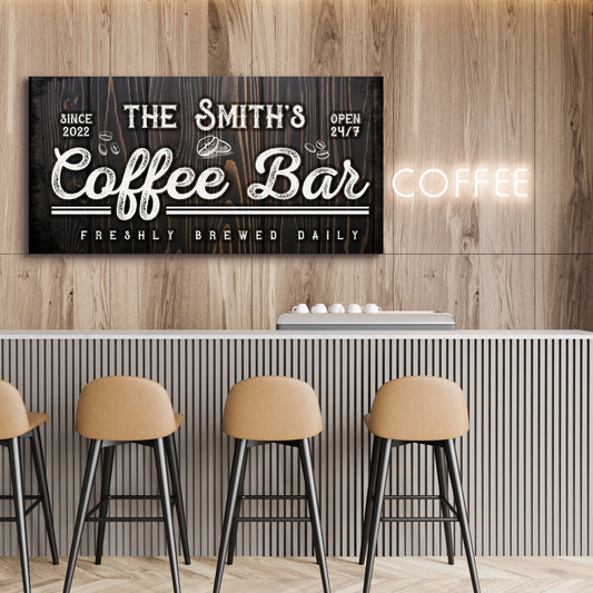 Family Coffee Bar Sign canvas by Tailored Canvases with chalkboard lettering on dark wood on Tampa Home & Garden Store