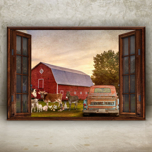 Family Farmhouse Sign canvas by Tailored Canvases: rustic farmyard scene through open doors on Tampa Home & Garden Store