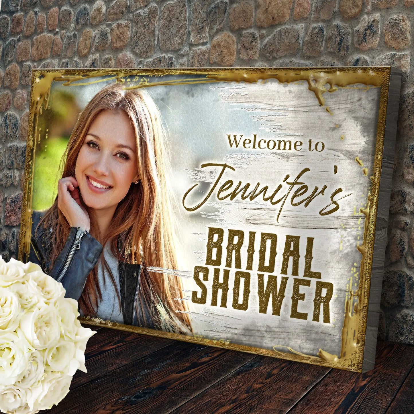 Welcome to Jennifer's Bridal Shower canvas by Tailored Canvases with gold frame on a stone wall on Tampa Home & Garden Store