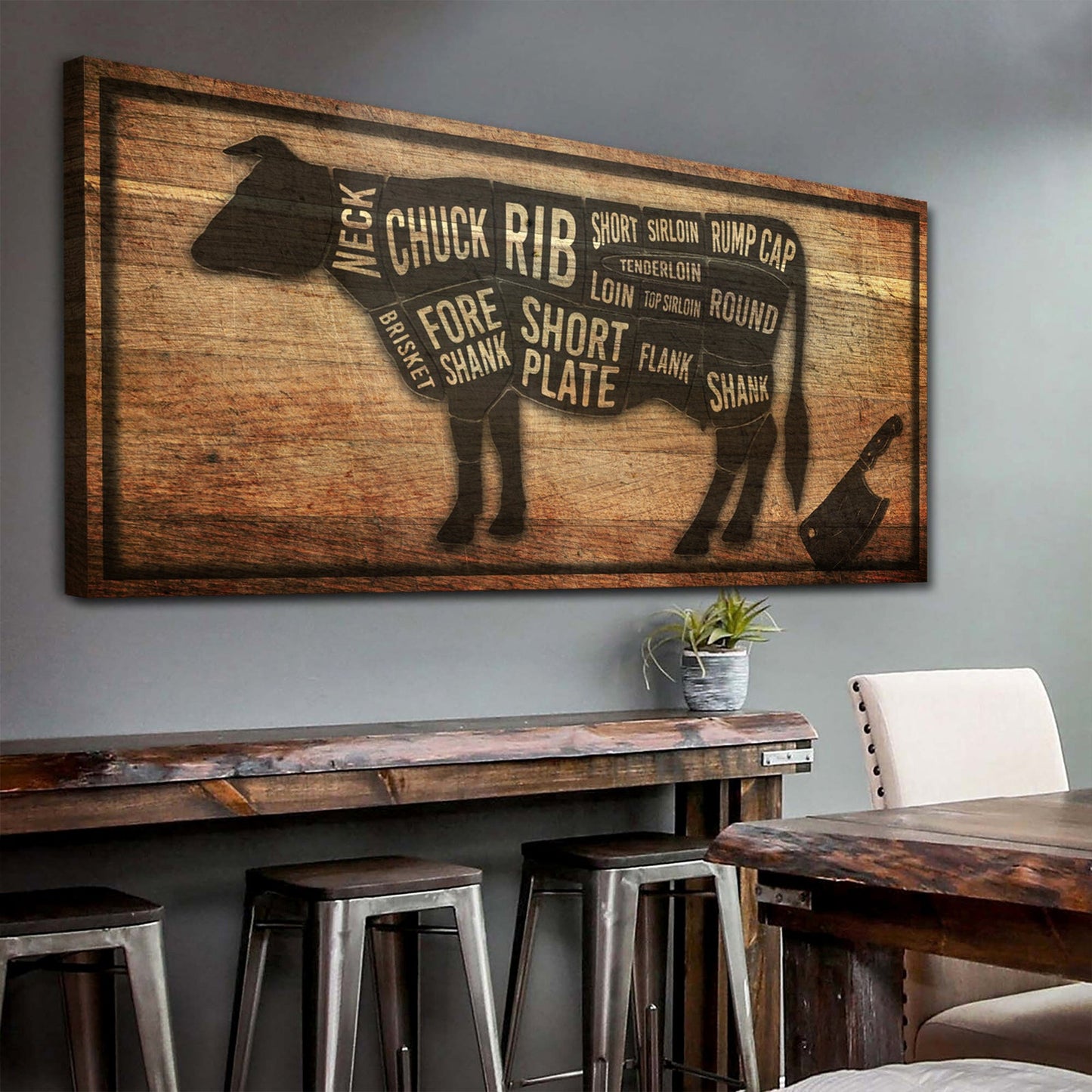 Cow Butcher Kitchen Sign II canvas by Tailored Canvases with vintage cow diagram on wood on Tampa Home & Garden Store