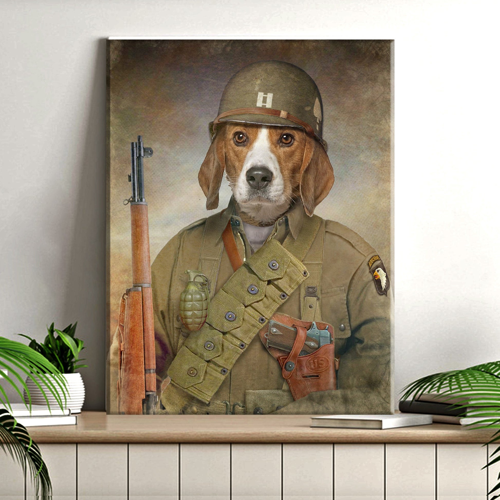 Pet Beagle Military Dog Sign canvas Tailored Canvases helmeted beagle in uniform with rifle on Tampa Home & Garden Store