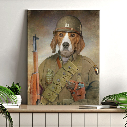 Pet Beagle Military Dog Sign canvas Tailored Canvases helmeted beagle in uniform with rifle on Tampa Home & Garden Store