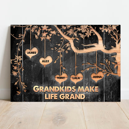 Grandkids Make Life Grand Sign II canvas with black woodgrain panels and name-heart tags on Tampa Home & Garden Store