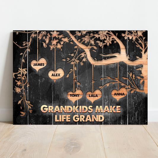 Grandkids Make Life Grand Sign II canvas with black woodgrain panels and name-heart tags on Tampa Home & Garden Store