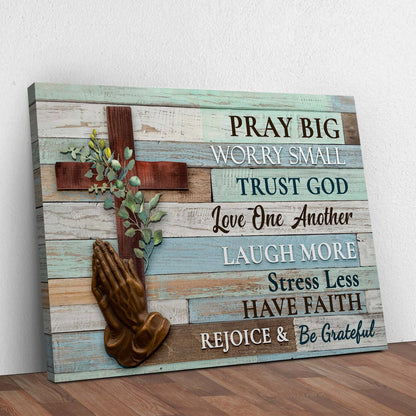 Canvas sign Tailored Canvases with rustic pastel wood planks and greenery reading Trust God Love One Another on Tampa Home & Garden Store