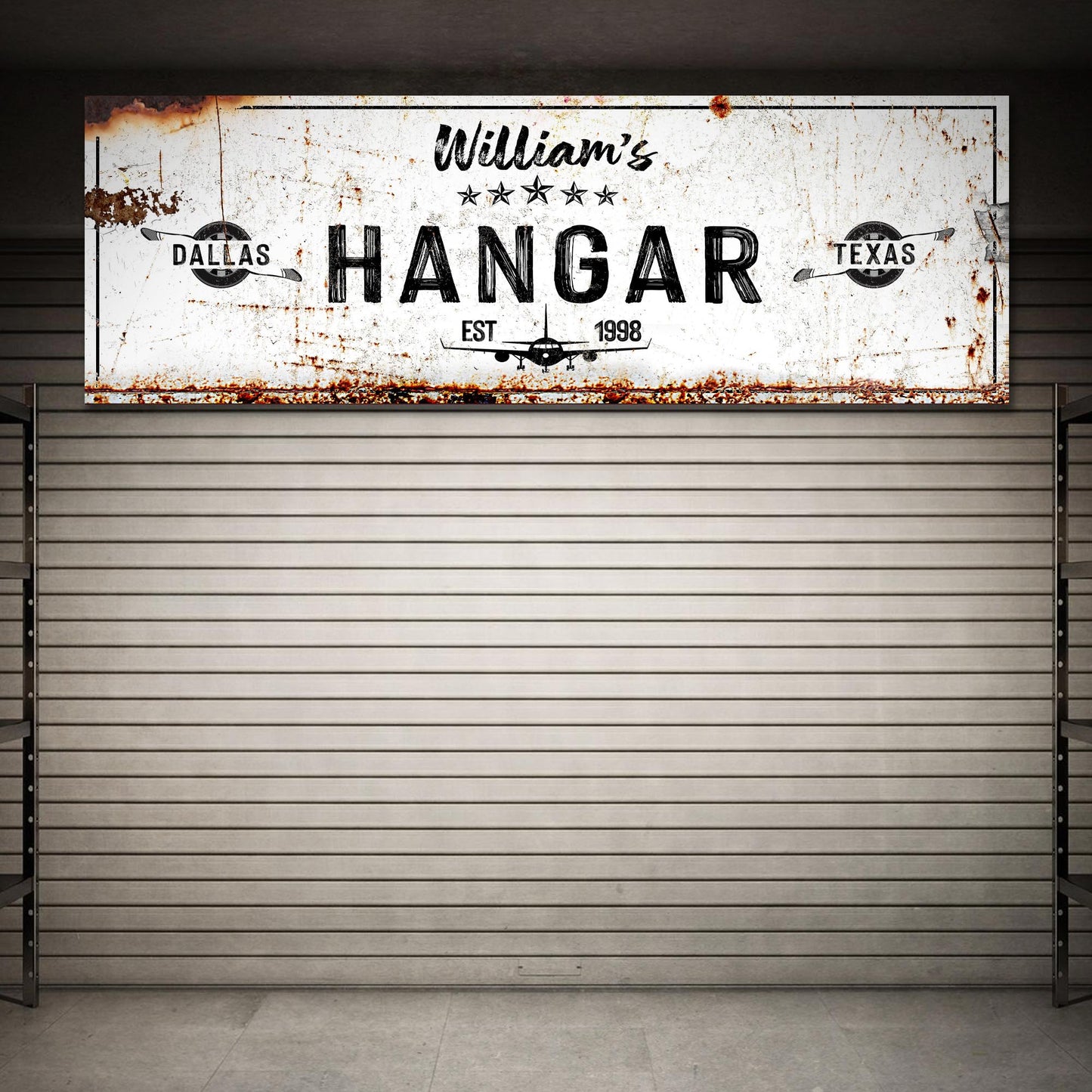 Hangar Sign II canvas with white, rusted sign and vintage airplane motif EST 1998 on Tampa Home & Garden Store