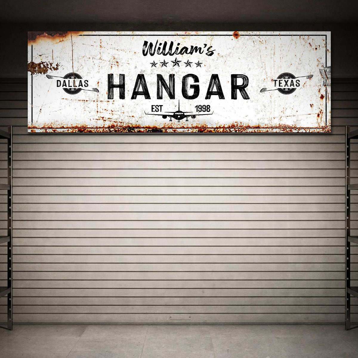 Hangar Sign II canvas with white, rusted sign and vintage airplane motif EST 1998 on Tampa Home & Garden Store