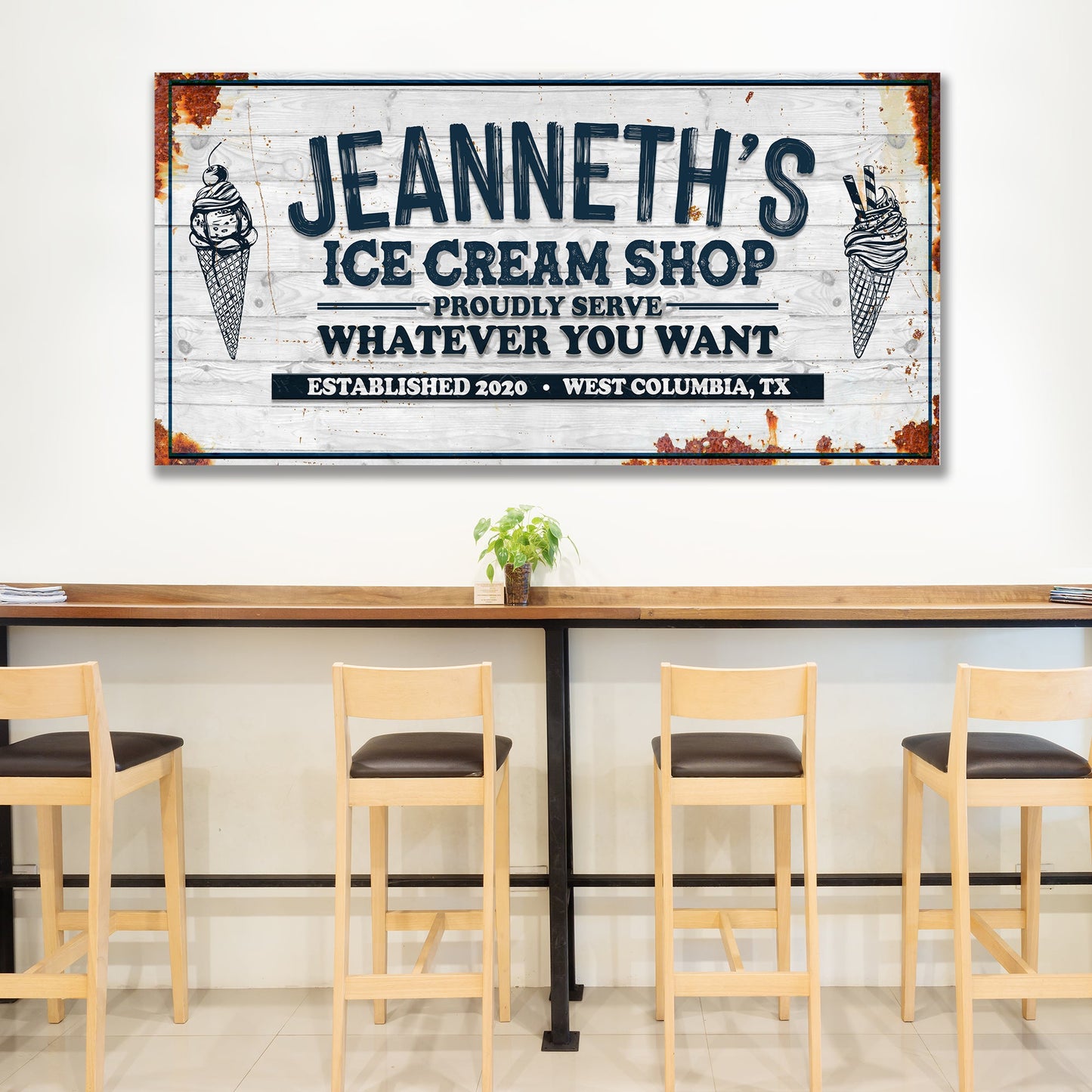 Ice Cream Shop Sign canvas with rustic whitewashed wood and navy lettering, ice cream cones on Tampa Home & Garden Store