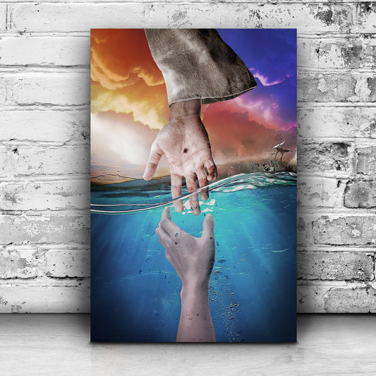 Hand Of God canvas wall art by Tailored Canvases; surreal blue orange seascape with hand on Tampa Home & Garden Store