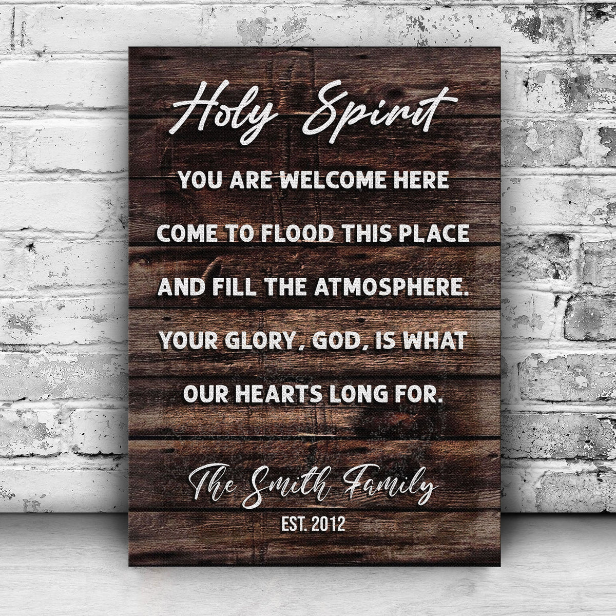 Canvas sign Holy Spirit You Are Welcome Here with wood plank backdrop for crafting canvas on Tampa Home & Garden Store