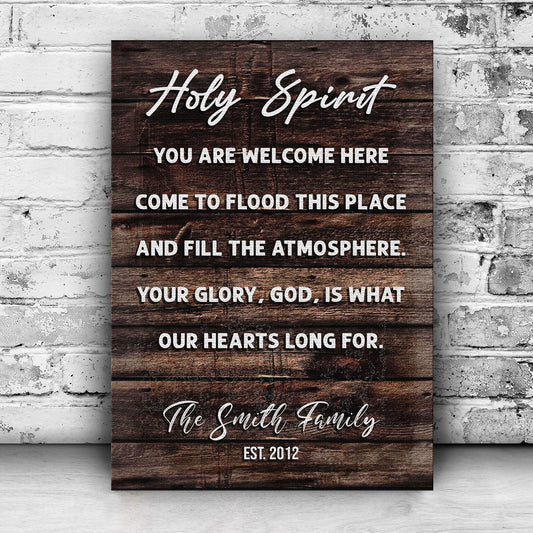 Canvas sign Holy Spirit You Are Welcome Here with wood plank backdrop for crafting canvas on Tampa Home & Garden Store