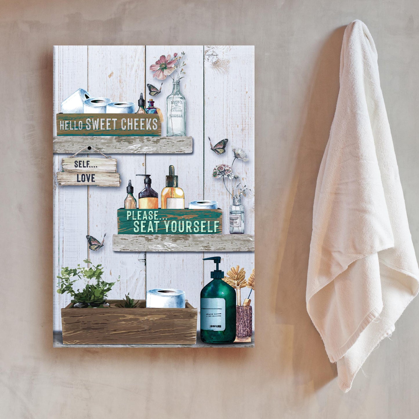 Seat Yourself Sign canvas by Tailored Canvases with teal Hello Sweet Cheeks text on Tampa Home & Garden Store