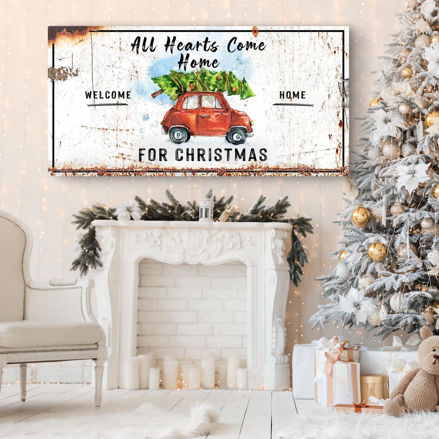 All Hearts Come Home For Christmas sign canvas featuring a red car carrying a Christmas tree on Tampa Home & Garden Store