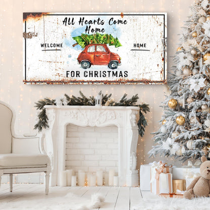 All Hearts Come Home For Christmas sign canvas featuring a red car carrying a Christmas tree on Tampa Home & Garden Store