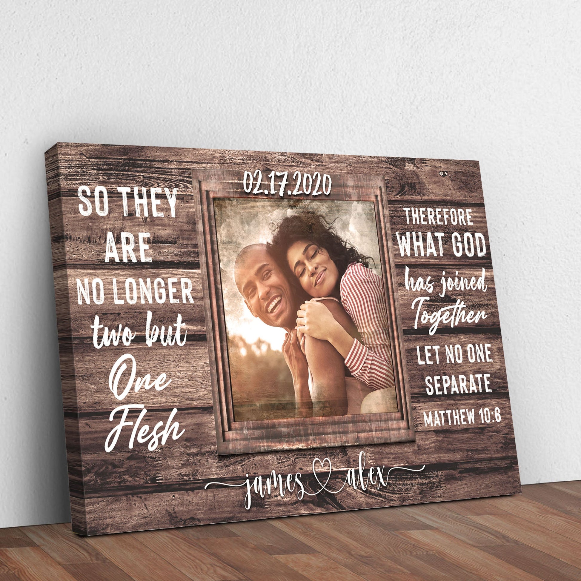 Canvas sign with rustic wood backdrop and couple photo, Matthew 19:6 What God Has Joined Together on Tampa Home & Garden Store