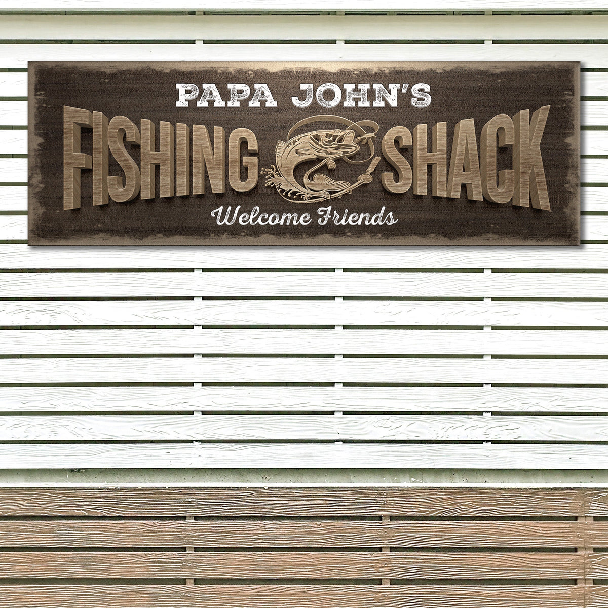 Fishing Shack II canvas sign with distressed brown wood background and beige lettering on Tampa Home & Garden Store