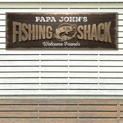 Fishing Shack II canvas sign with distressed brown wood background and beige lettering on Tampa Home & Garden Store