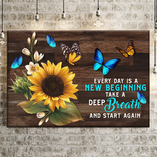 Everyday Is A New Beginning Sign canvas with sunflowers and blue butterflies on wood backdrop on Tampa Home & Garden Store