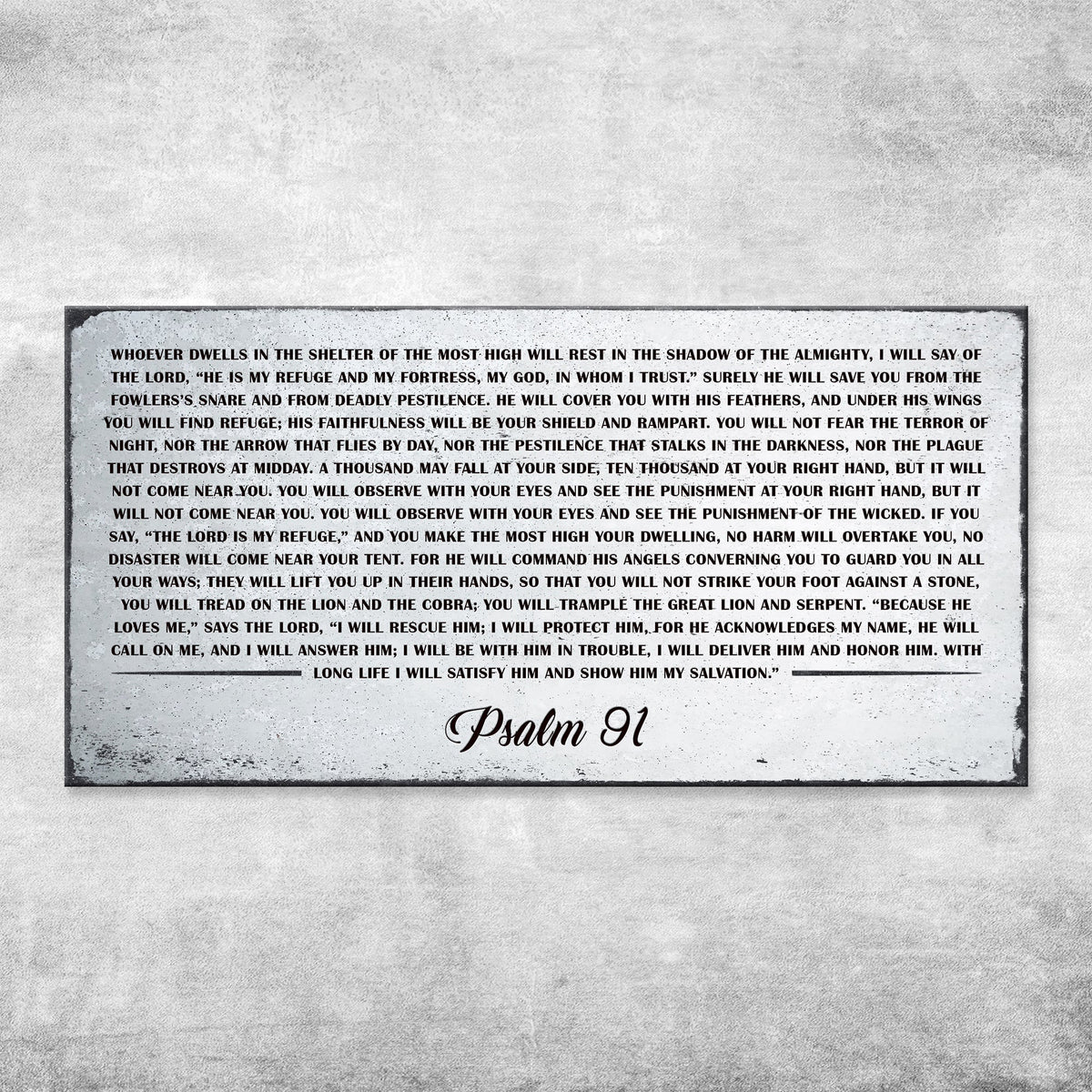 Canvas sign featuring Psalm 91 scripture in bold uppercase letters with a distressed border on Tampa Home & Garden Store