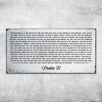 Canvas sign featuring Psalm 91 scripture in bold uppercase letters with a distressed border on Tampa Home & Garden Store
