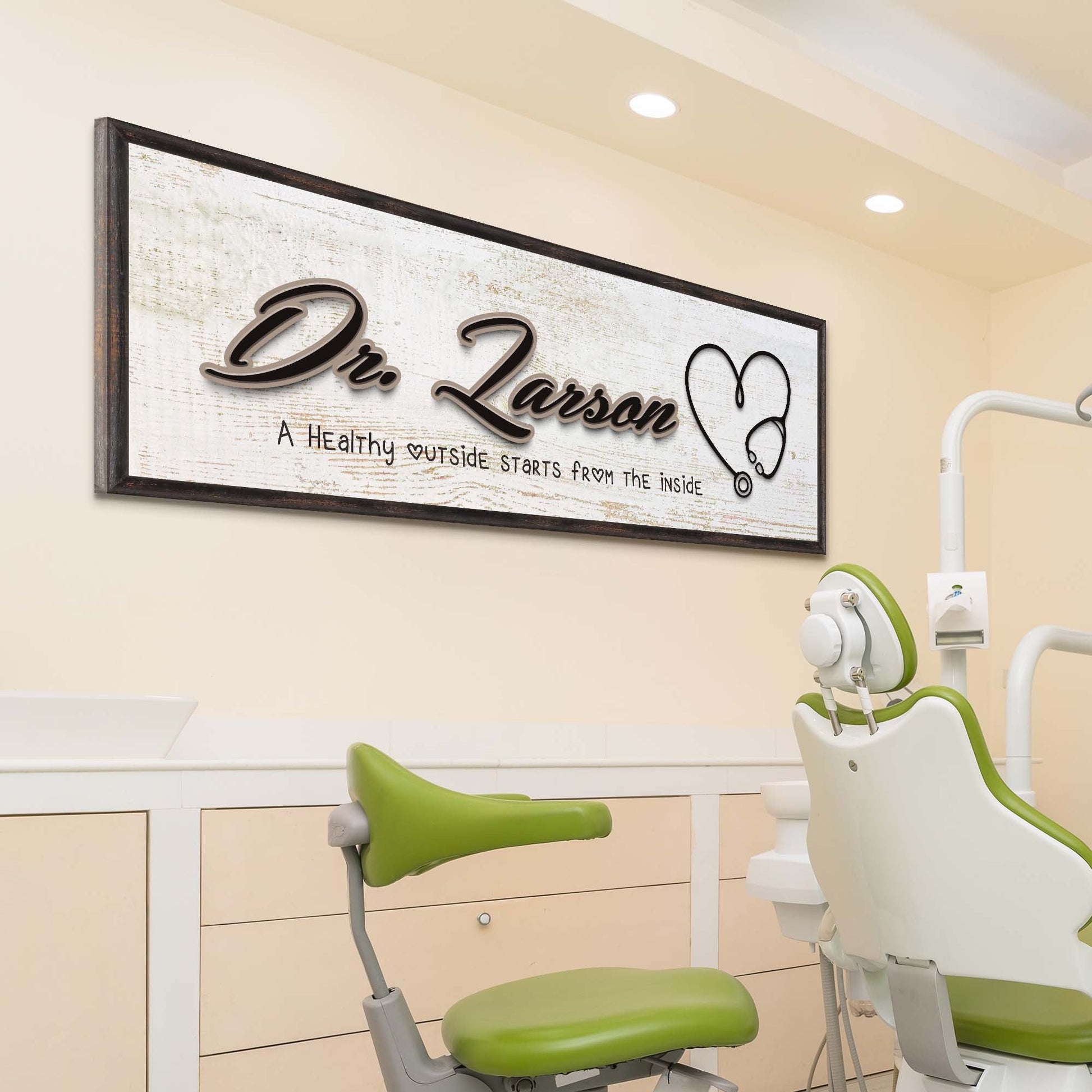 Doctor Name Sign canvas by Tailored Canvases, rustic white backdrop with doctor name script on Tampa Home & Garden Store